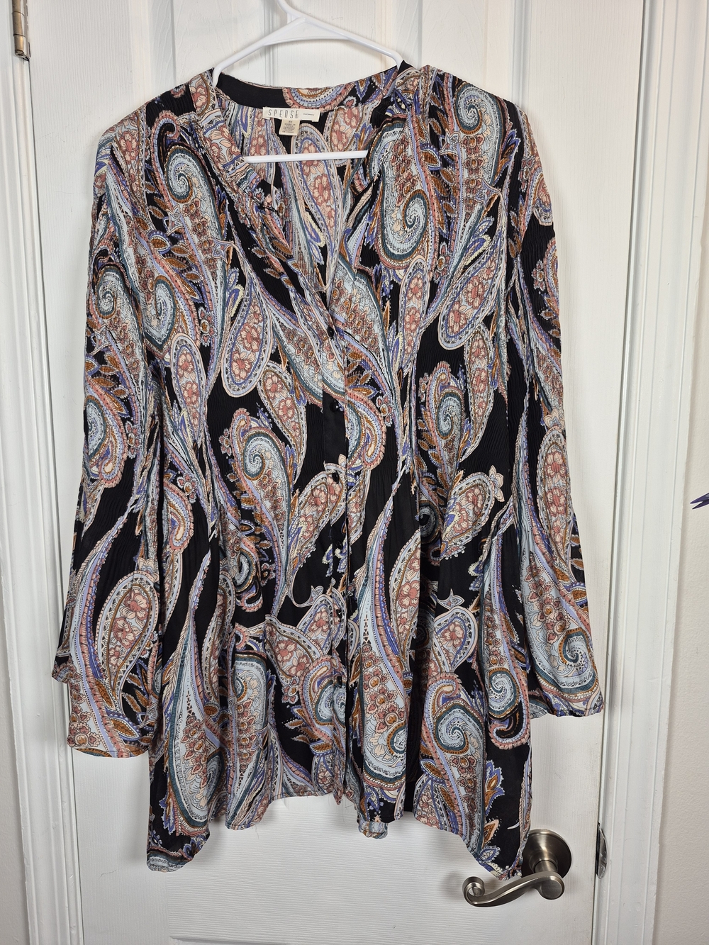 Spense Woman 2X Boho Paisley Pleated Bell Sleeve Tunic Top Fall Plissé Blouse